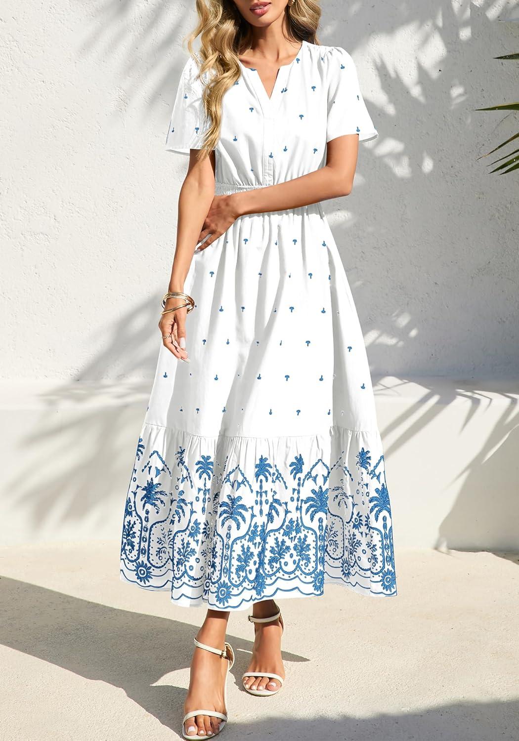 imageBTFBM Womens Summer Dresses 2026 Casual Short Sleeve Elastic Waist Flowy Beach Vacation Floral Boho Maxi Dress PocketsWhite Blue Flower