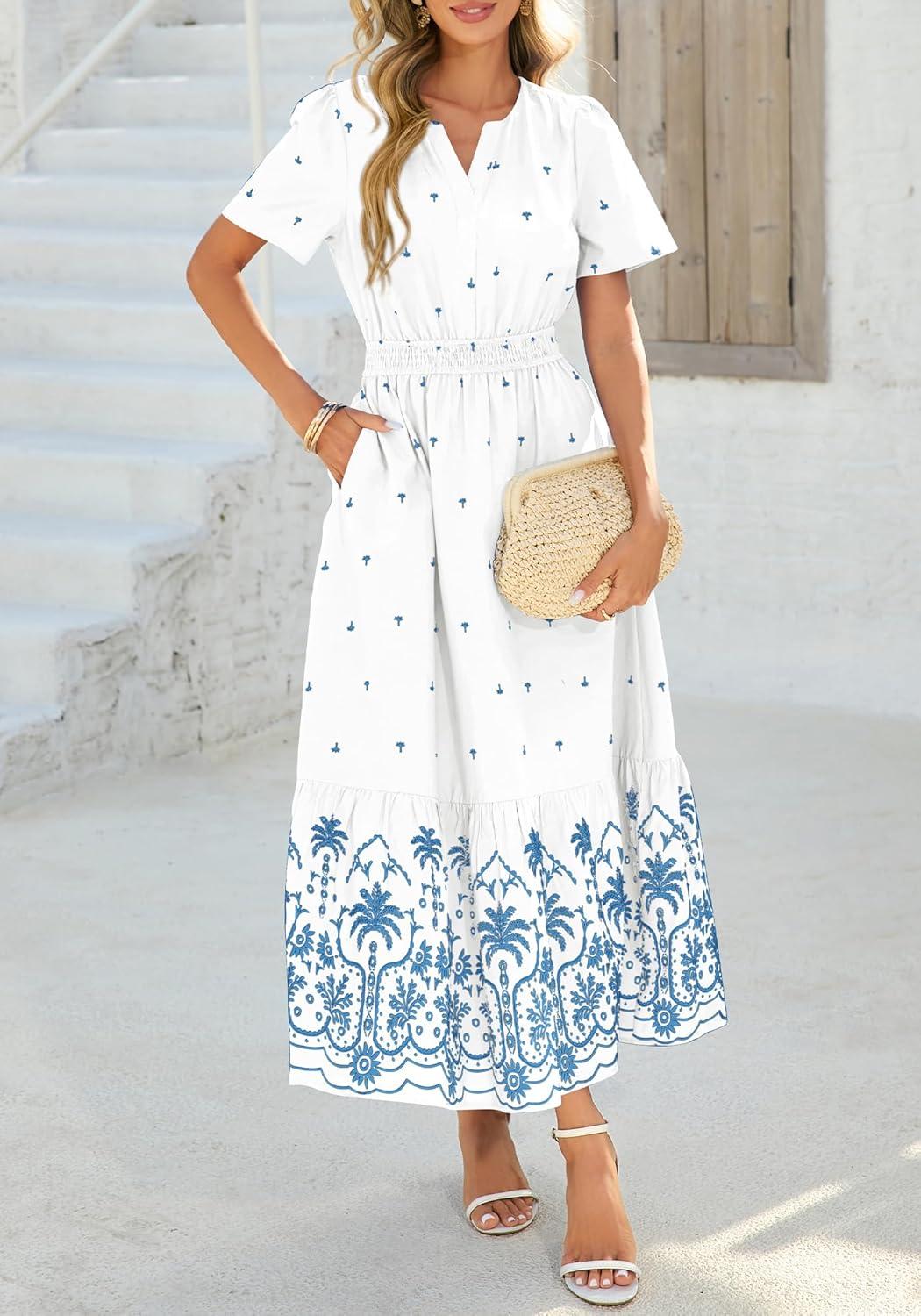 imageBTFBM Womens Summer Dresses 2026 Casual Short Sleeve Elastic Waist Flowy Beach Vacation Floral Boho Maxi Dress PocketsWhite Blue Flower