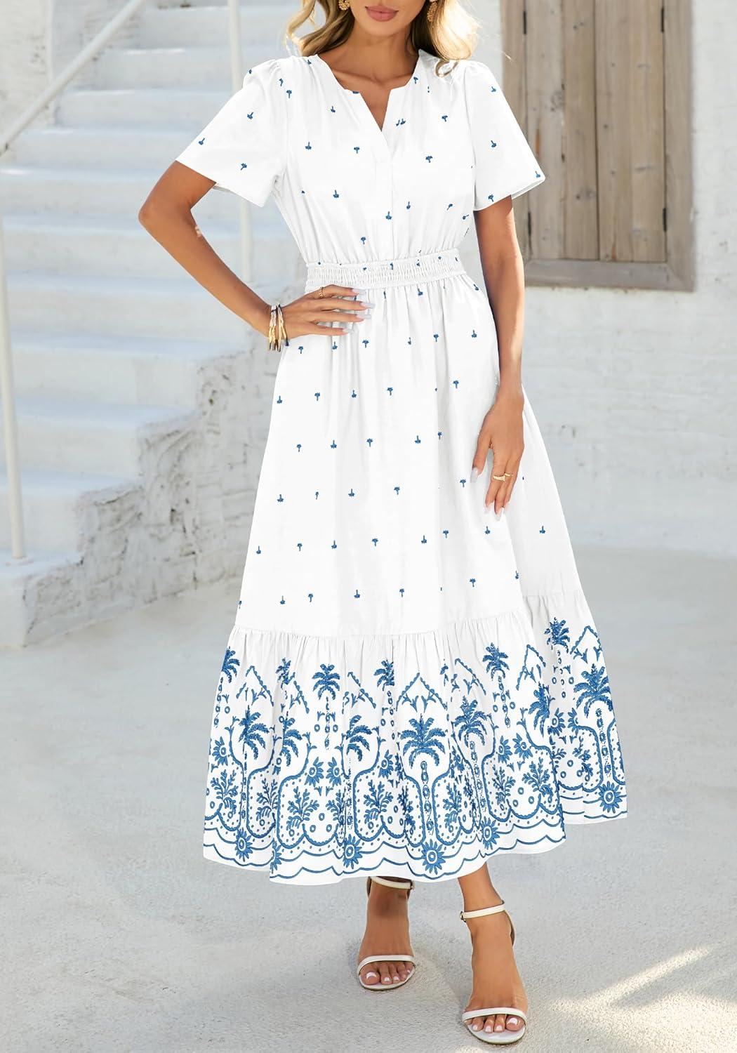 imageBTFBM Womens Summer Dresses 2026 Casual Short Sleeve Elastic Waist Flowy Beach Vacation Floral Boho Maxi Dress PocketsWhite Blue Flower