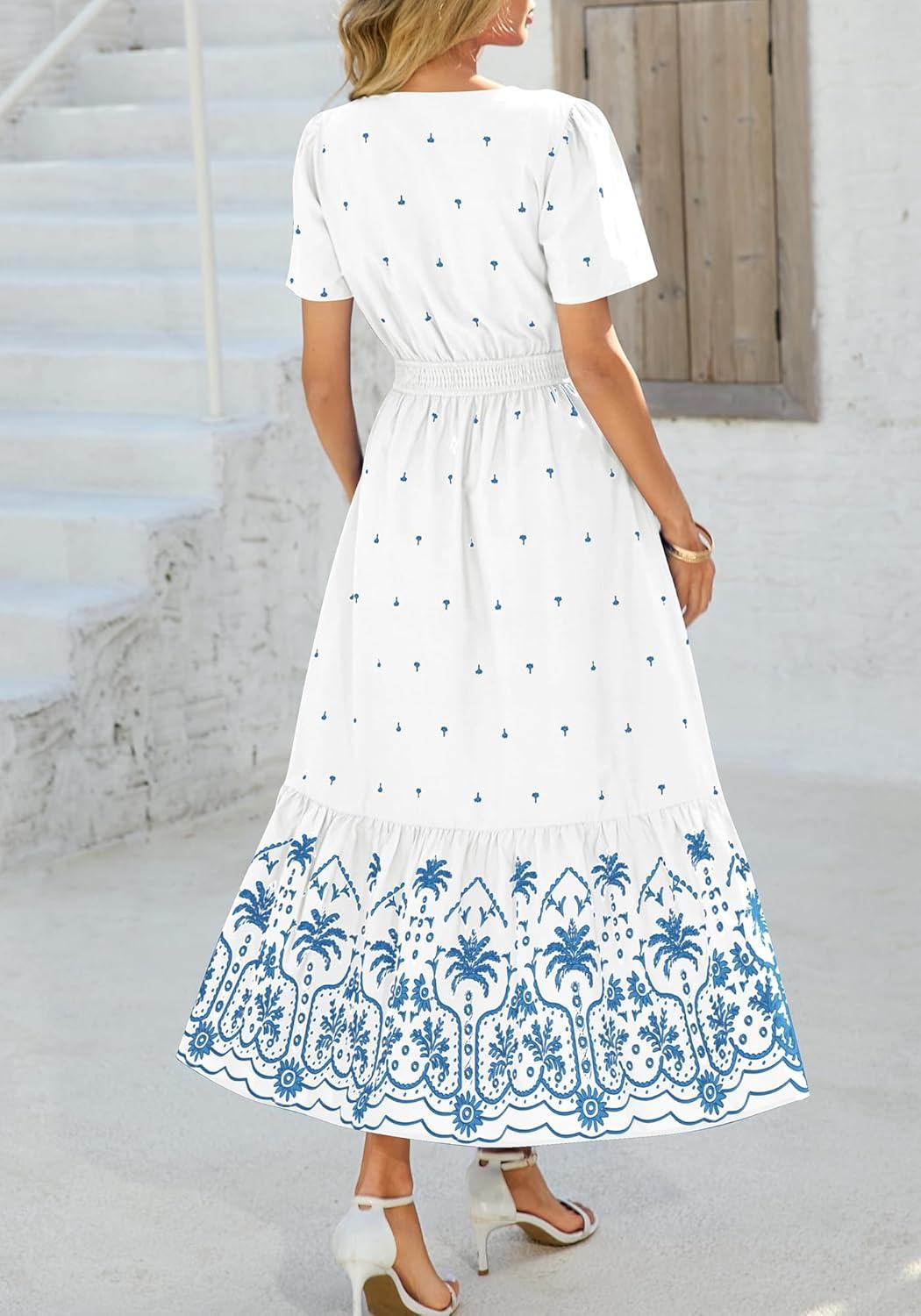 imageBTFBM Womens Summer Dresses 2026 Casual Short Sleeve Elastic Waist Flowy Beach Vacation Floral Boho Maxi Dress PocketsWhite Blue Flower