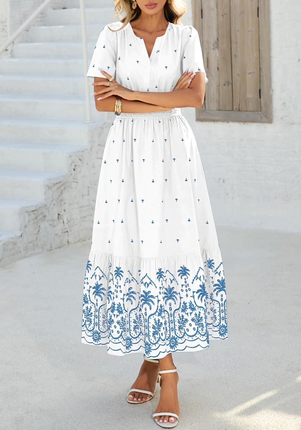 imageBTFBM Womens Summer Dresses 2026 Casual Short Sleeve Elastic Waist Flowy Beach Vacation Floral Boho Maxi Dress PocketsWhite Blue Flower