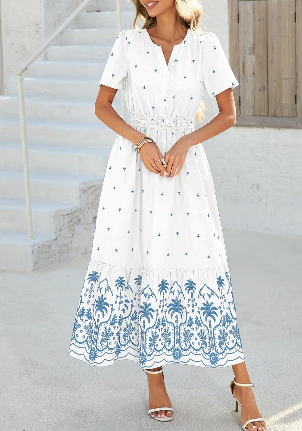imageBTFBM Womens Summer Dresses 2026 Casual Short Sleeve Elastic Waist Flowy Beach Vacation Floral Boho Maxi Dress PocketsWhite Blue Flower