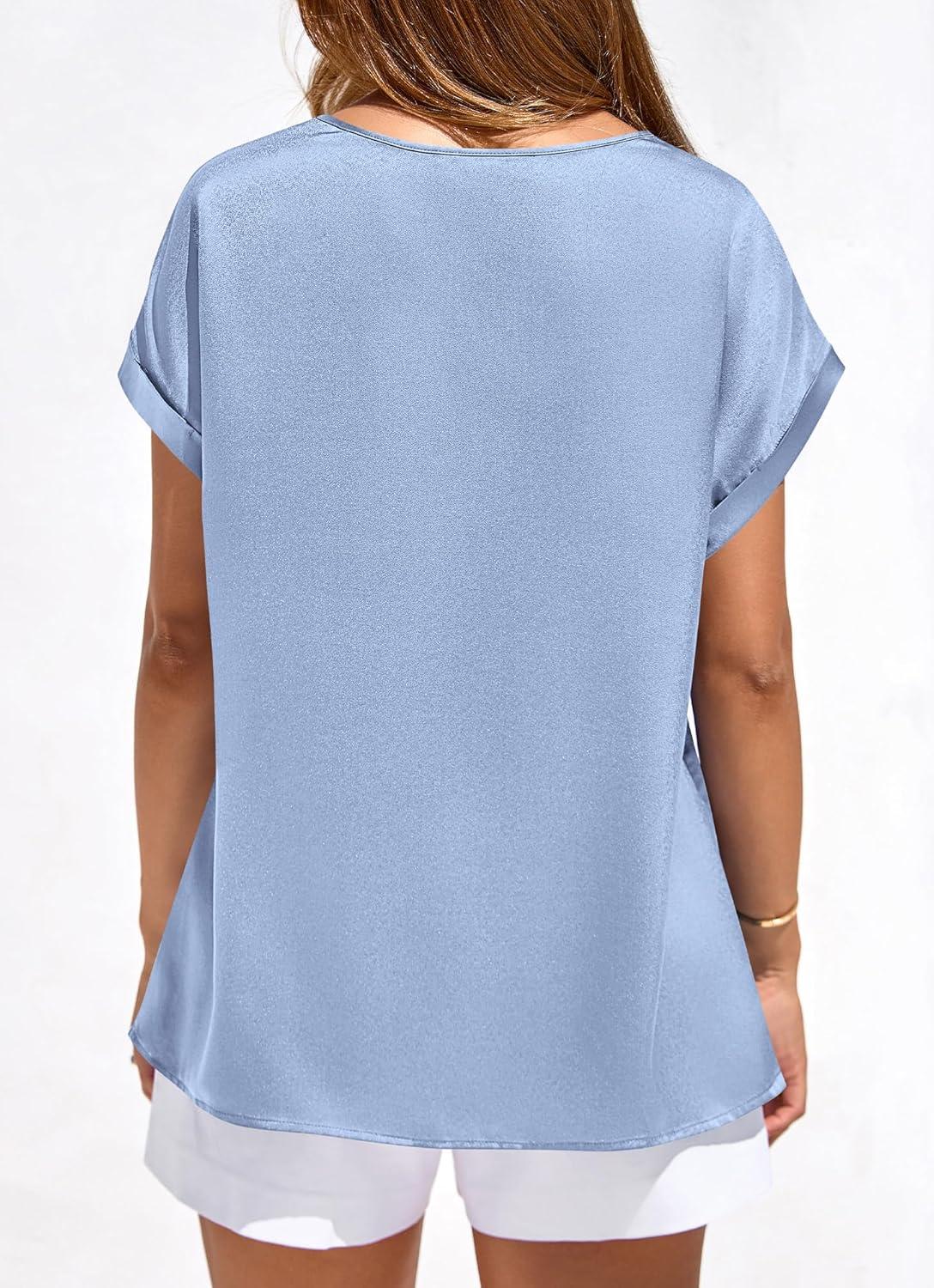 imageBTFBM Womens Summer Tops Satin Blouses Dressy Casual Crewneck Short Sleeve Shirts 2026 Spring Work Business OutfitsLight Blue