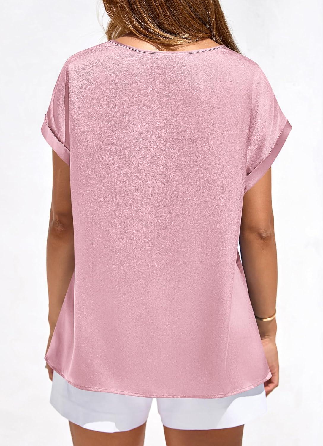 imageBTFBM Womens Summer Tops Satin Blouses Dressy Casual Crewneck Short Sleeve Shirts 2026 Spring Work Business OutfitsPink