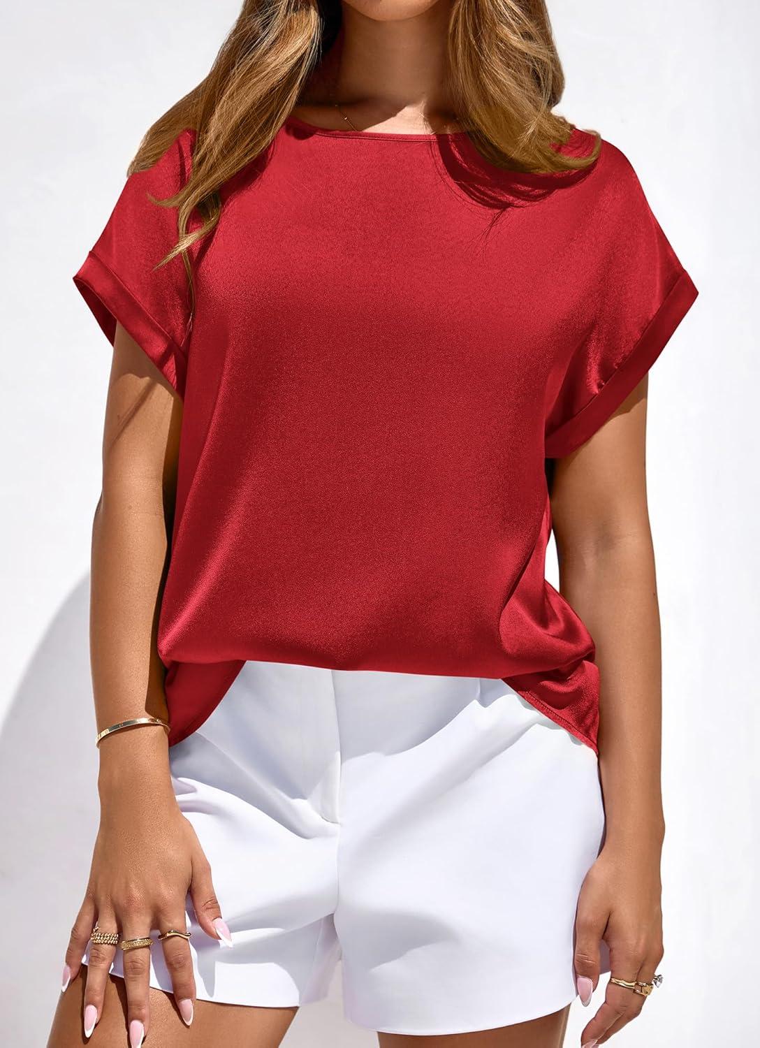 imageBTFBM Womens Summer Tops Satin Blouses Dressy Casual Crewneck Short Sleeve Shirts 2026 Spring Work Business OutfitsRed