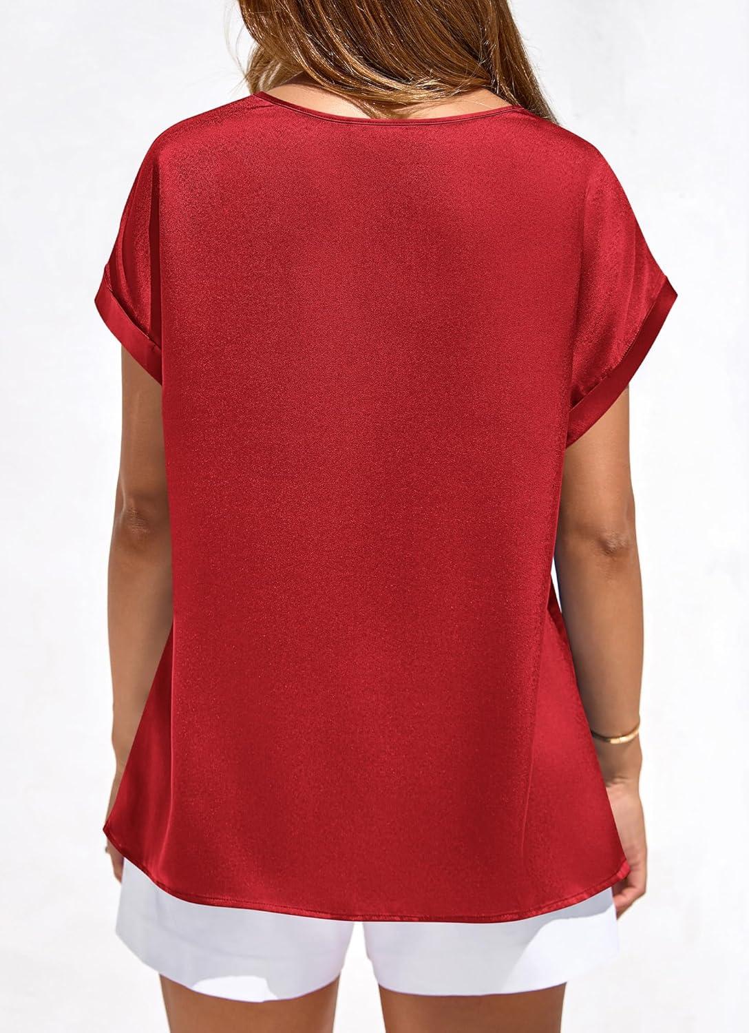 imageBTFBM Womens Summer Tops Satin Blouses Dressy Casual Crewneck Short Sleeve Shirts 2026 Spring Work Business OutfitsRed