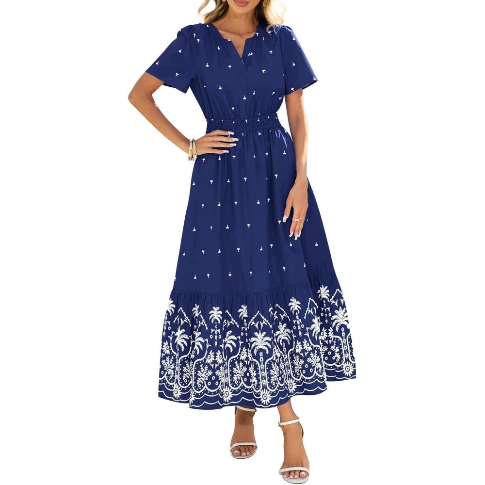 imageBTFBM Womens Summer Dresses 2026 Casual Short Sleeve Elastic Waist Flowy Beach Vacation Floral Boho Maxi Dress PocketsNavy White Flower
