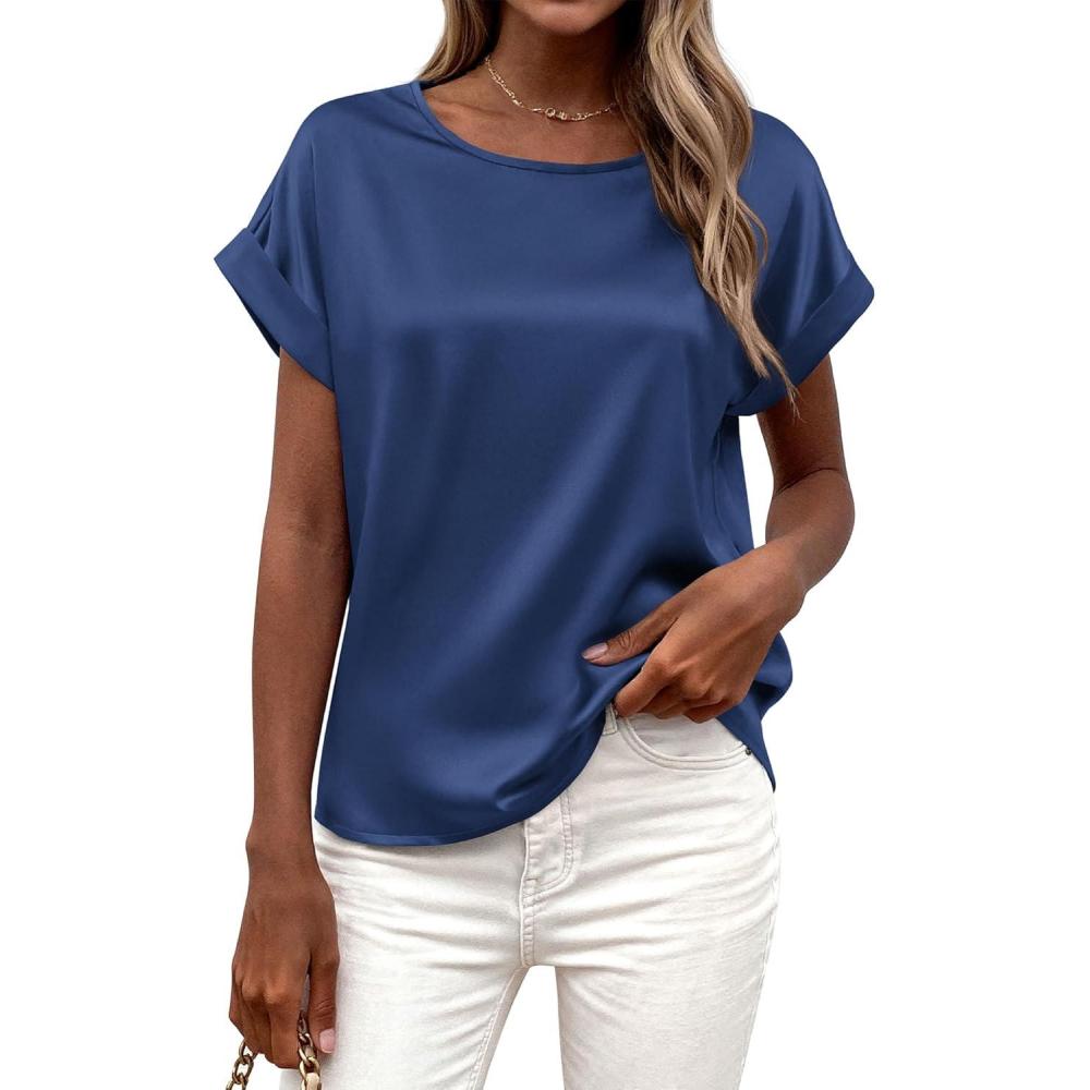 imageBTFBM Womens Summer Tops Satin Blouses Dressy Casual Crewneck Short Sleeve Shirts 2026 Spring Work Business OutfitsDark Grey Blue