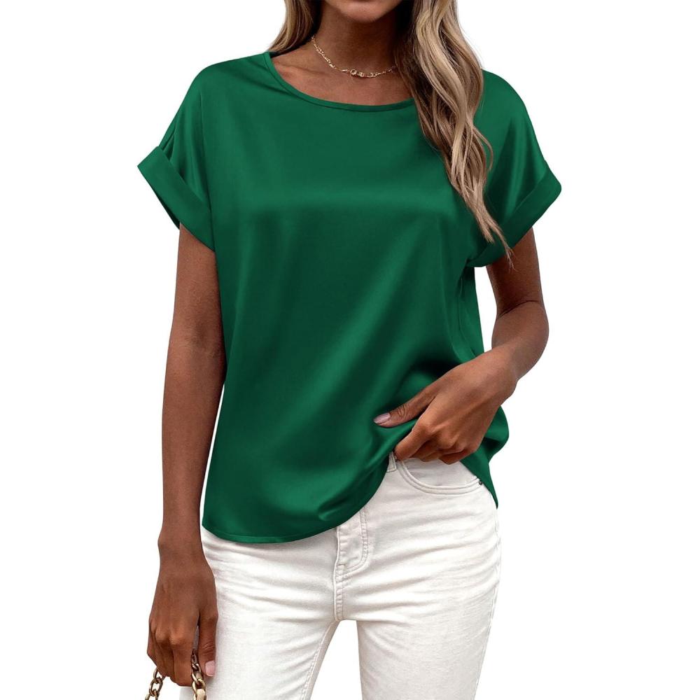 imageBTFBM Womens Summer Tops Satin Blouses Dressy Casual Crewneck Short Sleeve Shirts 2026 Spring Work Business OutfitsGreen