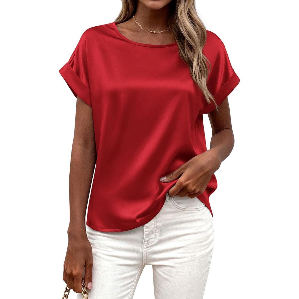imageBTFBM Womens Summer Tops Satin Blouses Dressy Casual Crewneck Short Sleeve Shirts 2026 Spring Work Business OutfitsRed