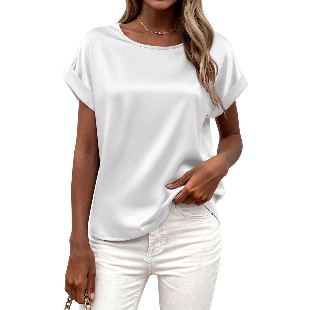 imageBTFBM Womens Summer Tops Satin Blouses Dressy Casual Crewneck Short Sleeve Shirts 2026 Spring Work Business OutfitsWhite