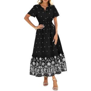 BTFBM Womens Summer Dresses 2026 Casual Short Sleeve Elastic Waist Flowy Beach Vacation Floral Boho Maxi Dress Pockets(Black White Flower)