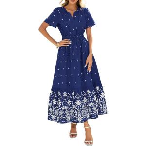 BTFBM Womens Summer Dresses 2026 Casual Short Sleeve Elastic Waist Flowy Beach Vacation Floral Boho Maxi Dress Pockets(Navy White Flower)