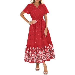 BTFBM Womens Summer Dresses 2026 Casual Short Sleeve Elastic Waist Flowy Beach Vacation Floral Boho Maxi Dress Pockets(Red White Flower)