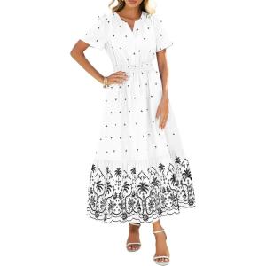 BTFBM Womens Summer Dresses 2026 Casual Short Sleeve Elastic Waist Flowy Beach Vacation Floral Boho Maxi Dress Pockets(White Black Flower)
