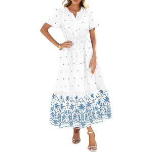 BTFBM Womens Summer Dresses 2026 Casual Short Sleeve Elastic Waist Flowy Beach Vacation Floral Boho Maxi Dress Pockets(White Blue Flower)