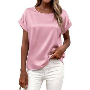 BTFBM Womens Summer Tops Satin Blouses Dressy Casual Crewneck Short Sleeve Shirts 2026 Spring Work Business Outfits(Pink)