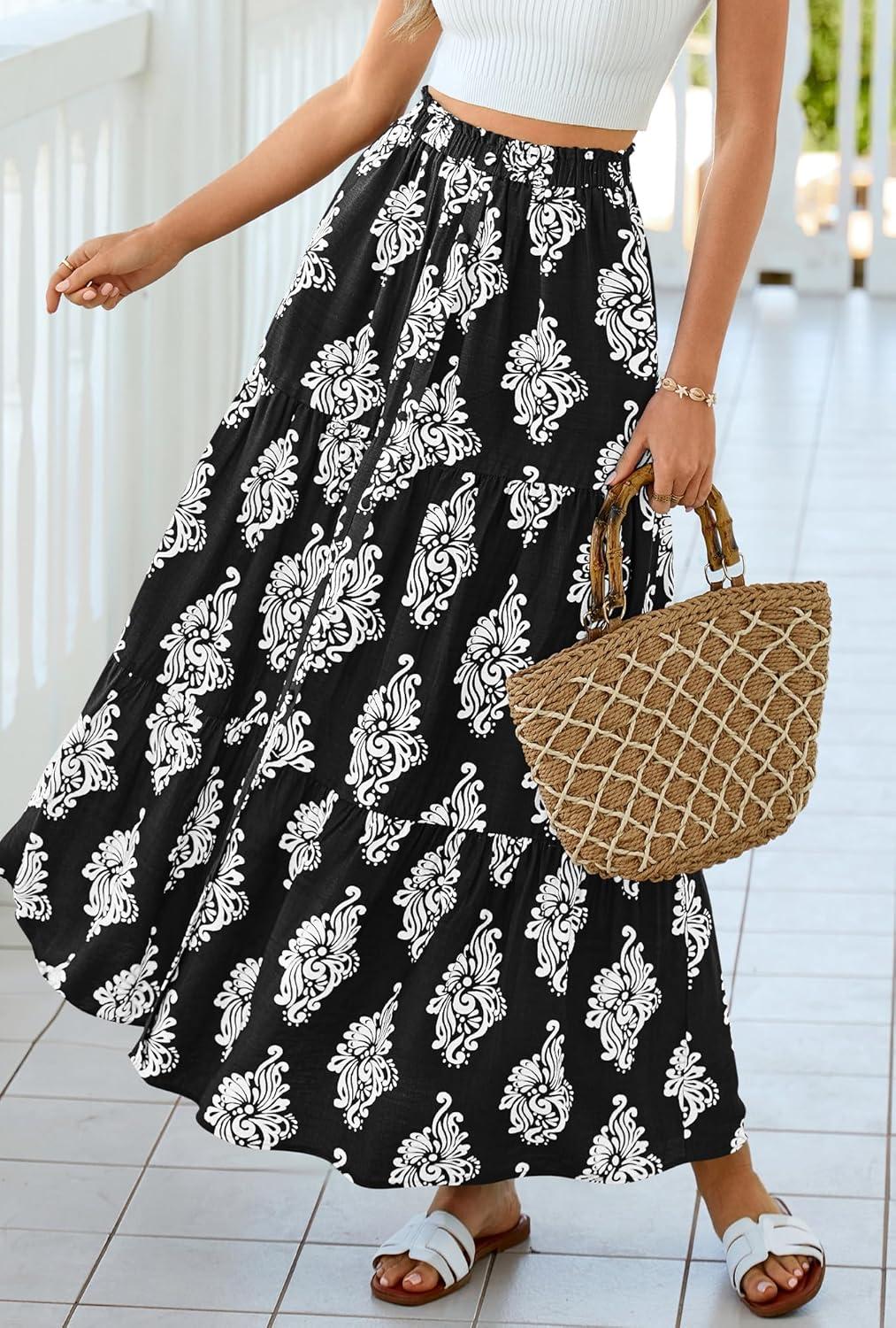 imageBTFBM Long Skirts for Women Summer 2026 Elastic High Waist Flowy A Line Casual Boho Tiered Floral Maxi Skirt PocketsBlack White Flower