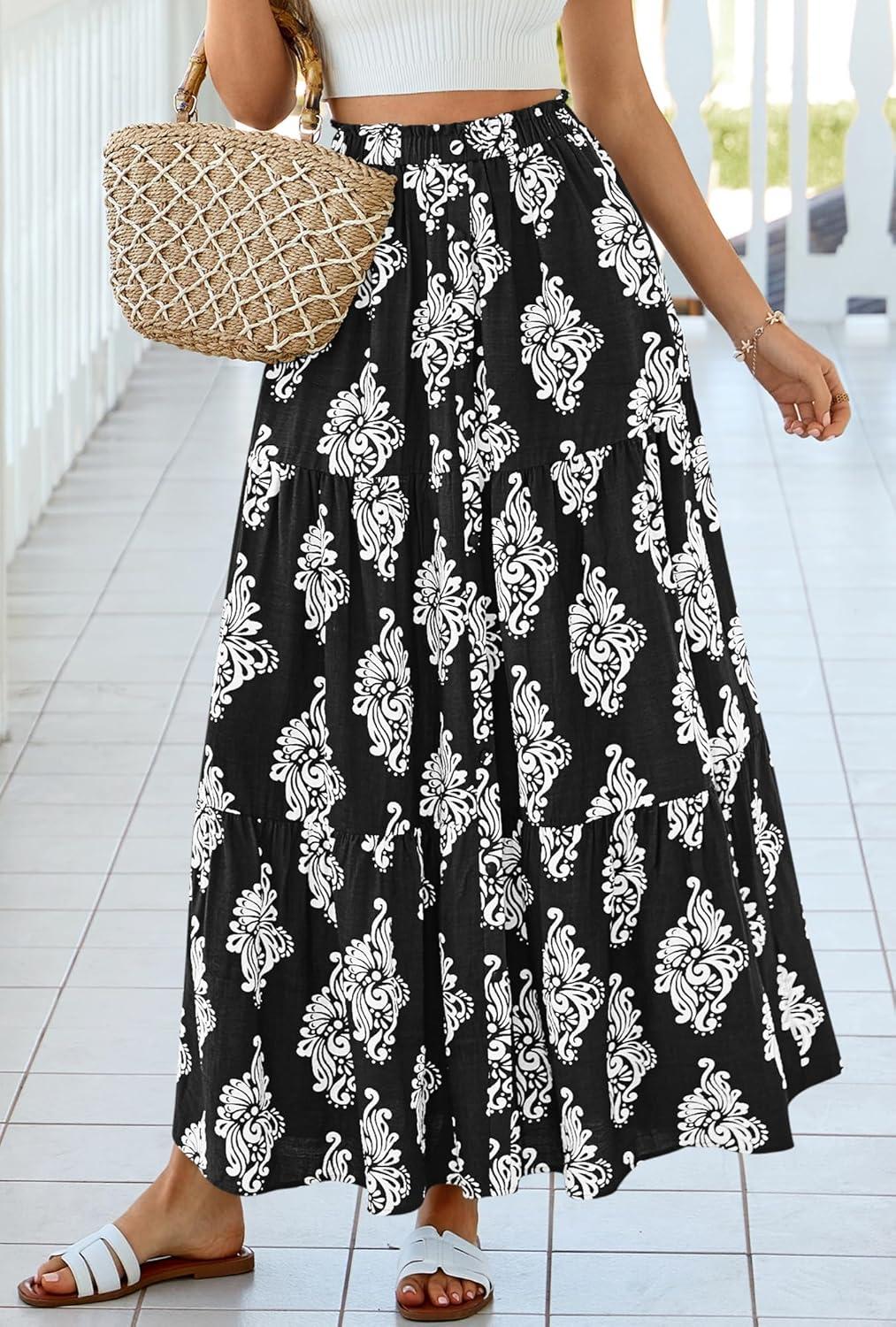 imageBTFBM Long Skirts for Women Summer 2026 Elastic High Waist Flowy A Line Casual Boho Tiered Floral Maxi Skirt PocketsBlack White Flower