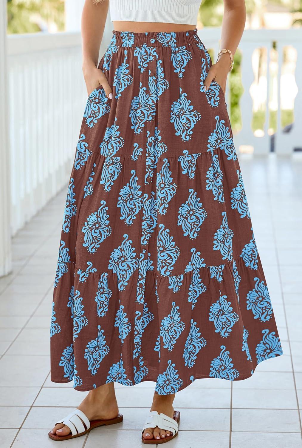imageBTFBM Long Skirts for Women Summer 2026 Elastic High Waist Flowy A Line Casual Boho Tiered Floral Maxi Skirt PocketsBrown Light Blue Flower