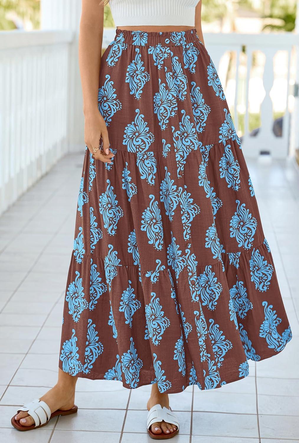 imageBTFBM Long Skirts for Women Summer 2026 Elastic High Waist Flowy A Line Casual Boho Tiered Floral Maxi Skirt PocketsBrown Light Blue Flower