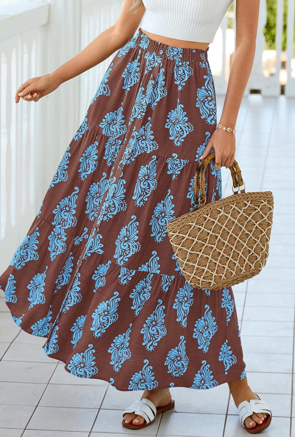 imageBTFBM Long Skirts for Women Summer 2026 Elastic High Waist Flowy A Line Casual Boho Tiered Floral Maxi Skirt PocketsBrown Light Blue Flower