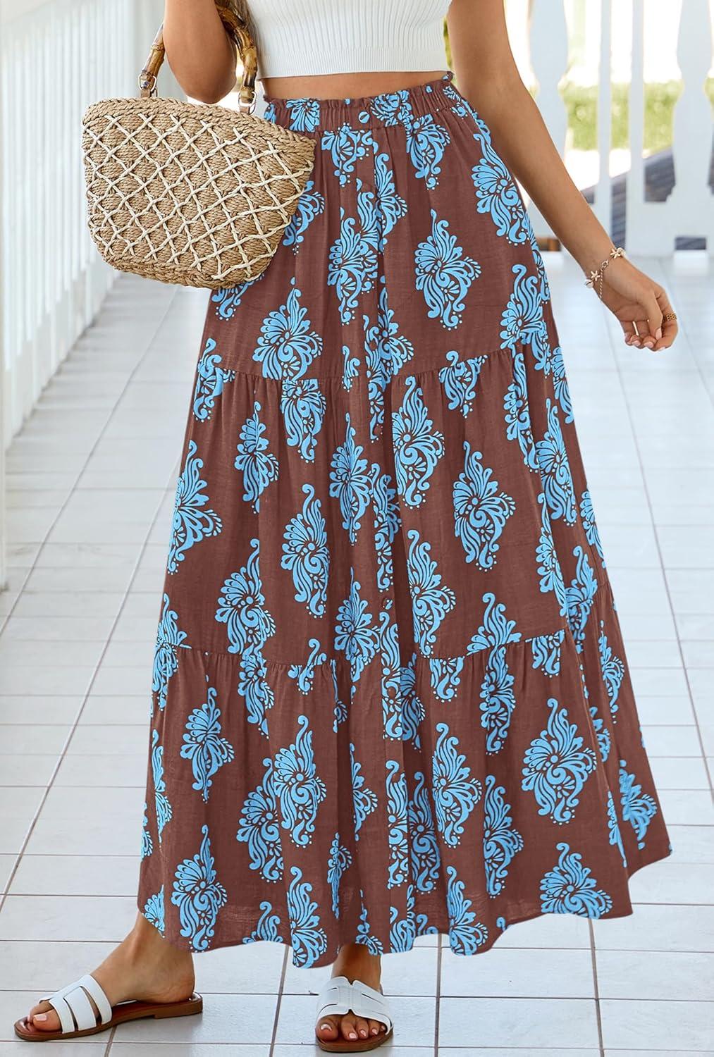 imageBTFBM Long Skirts for Women Summer 2026 Elastic High Waist Flowy A Line Casual Boho Tiered Floral Maxi Skirt PocketsBrown Light Blue Flower