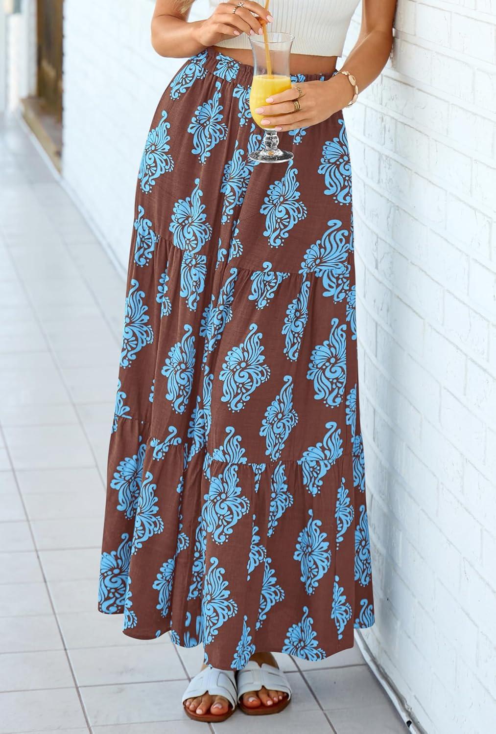 imageBTFBM Long Skirts for Women Summer 2026 Elastic High Waist Flowy A Line Casual Boho Tiered Floral Maxi Skirt PocketsBrown Light Blue Flower