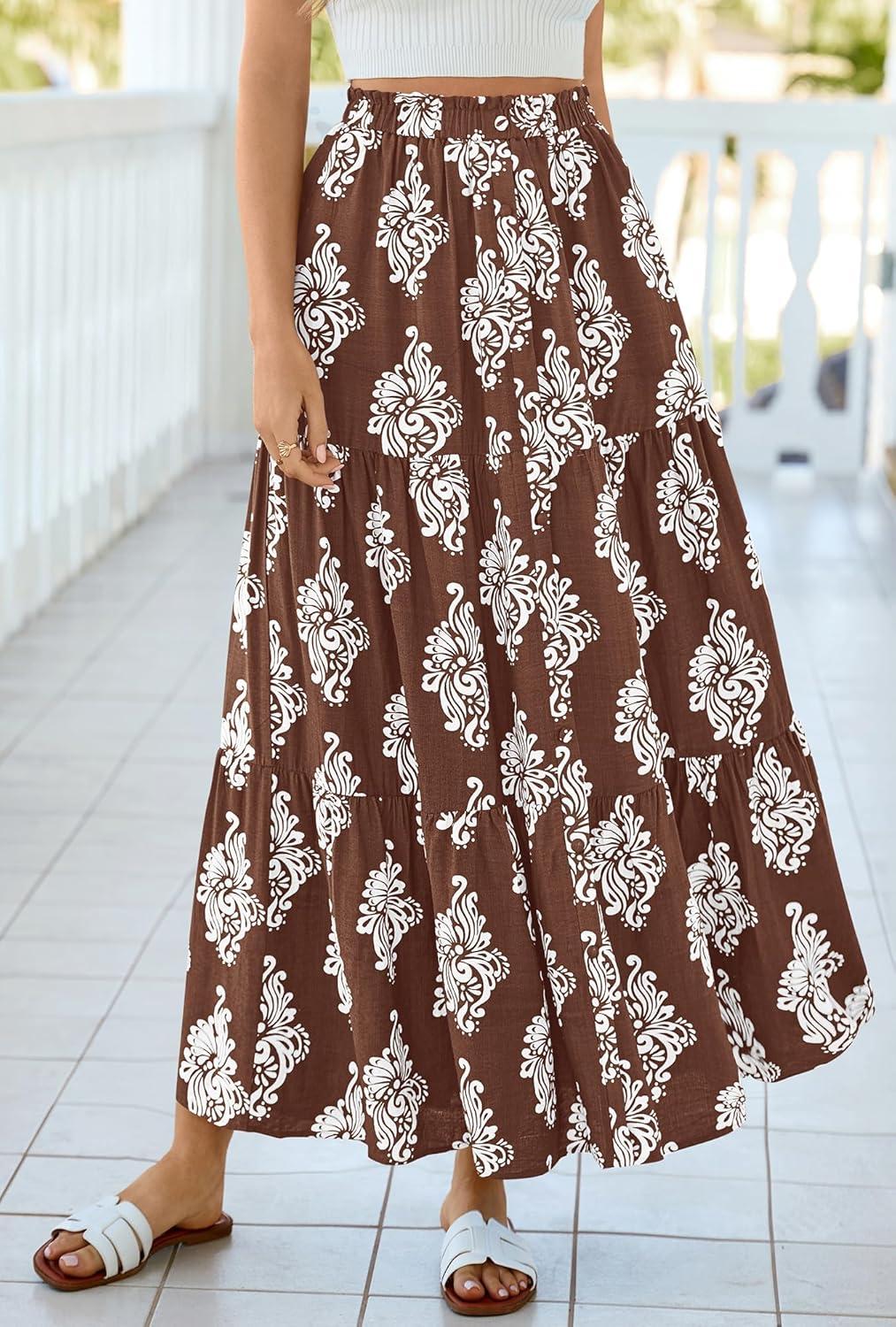 imageBTFBM Long Skirts for Women Summer 2026 Elastic High Waist Flowy A Line Casual Boho Tiered Floral Maxi Skirt PocketsBrown White Flower