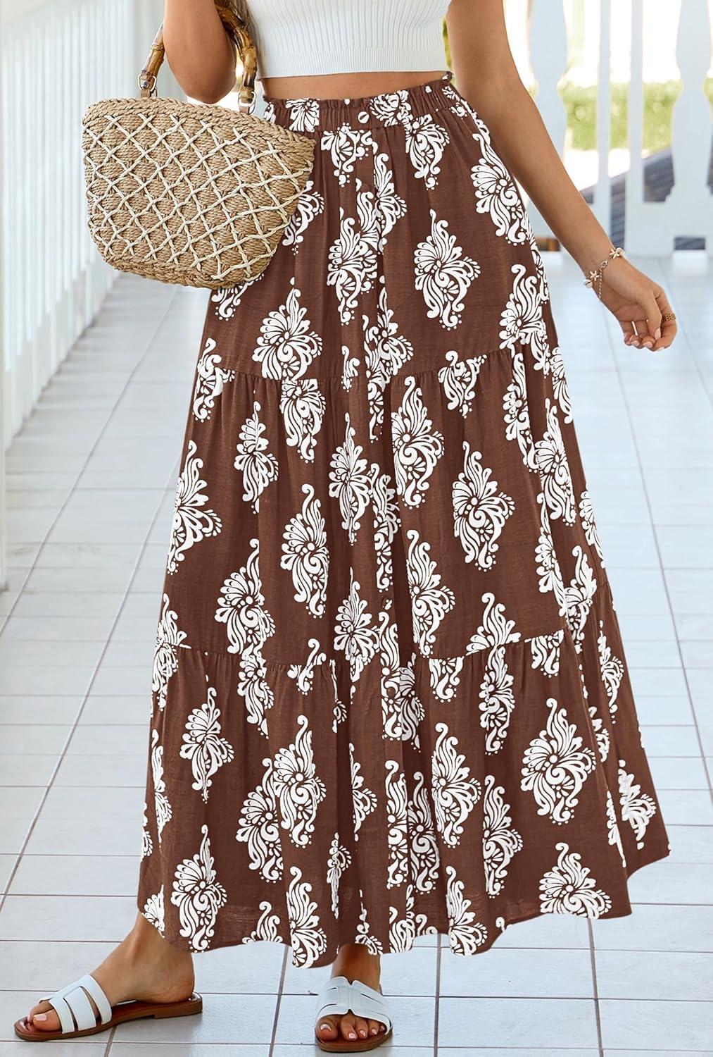 imageBTFBM Long Skirts for Women Summer 2026 Elastic High Waist Flowy A Line Casual Boho Tiered Floral Maxi Skirt PocketsBrown White Flower
