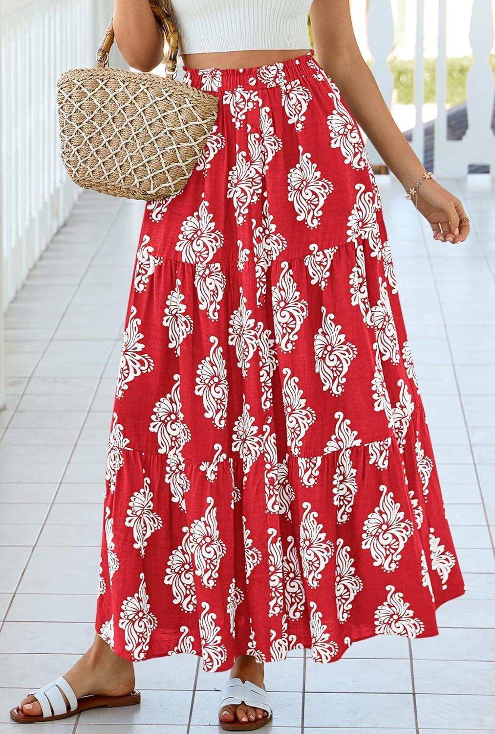 imageBTFBM Long Skirts for Women Summer 2026 Elastic High Waist Flowy A Line Casual Boho Tiered Floral Maxi Skirt PocketsFloral Red White Flower