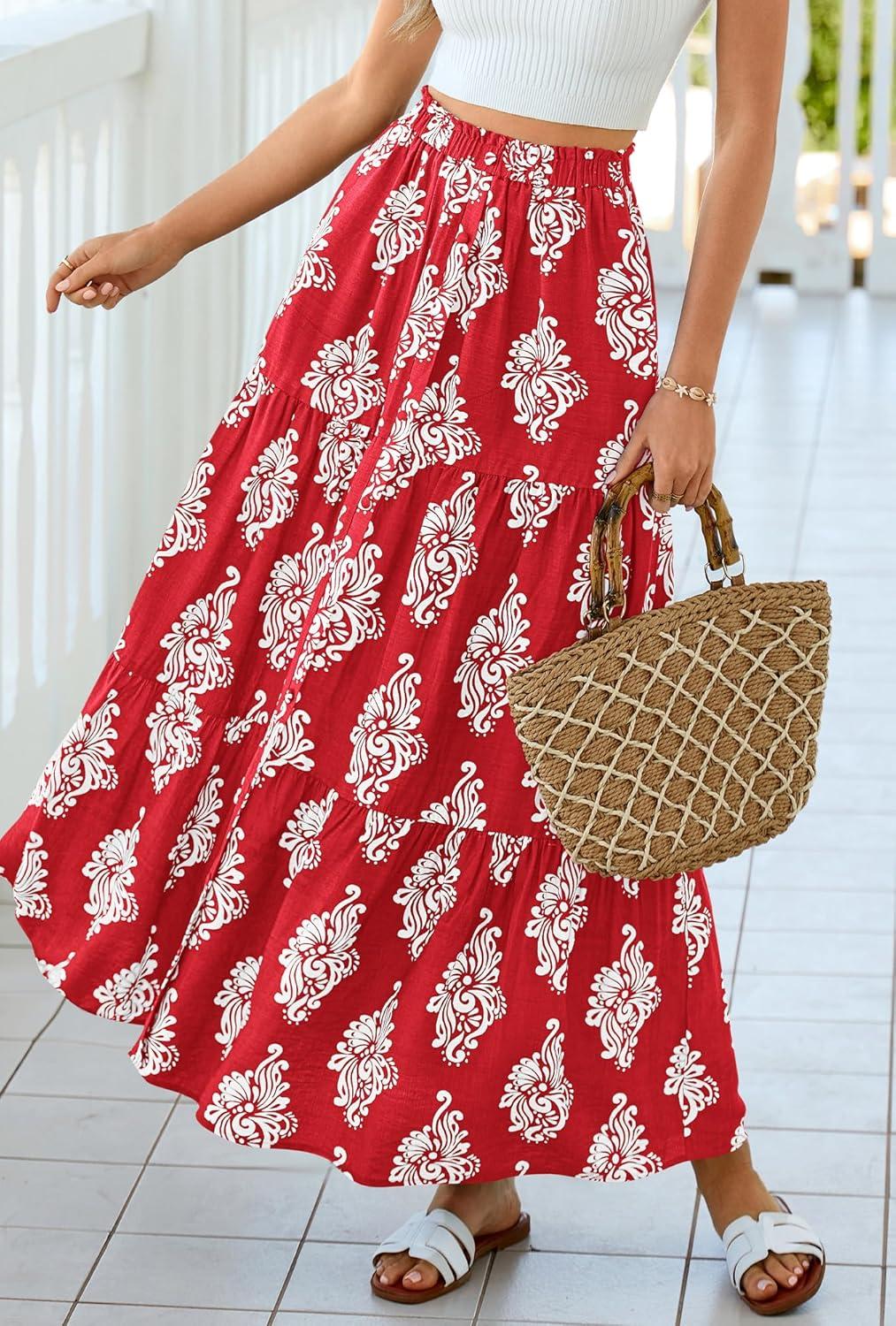 imageBTFBM Long Skirts for Women Summer 2026 Elastic High Waist Flowy A Line Casual Boho Tiered Floral Maxi Skirt PocketsFloral Red White Flower