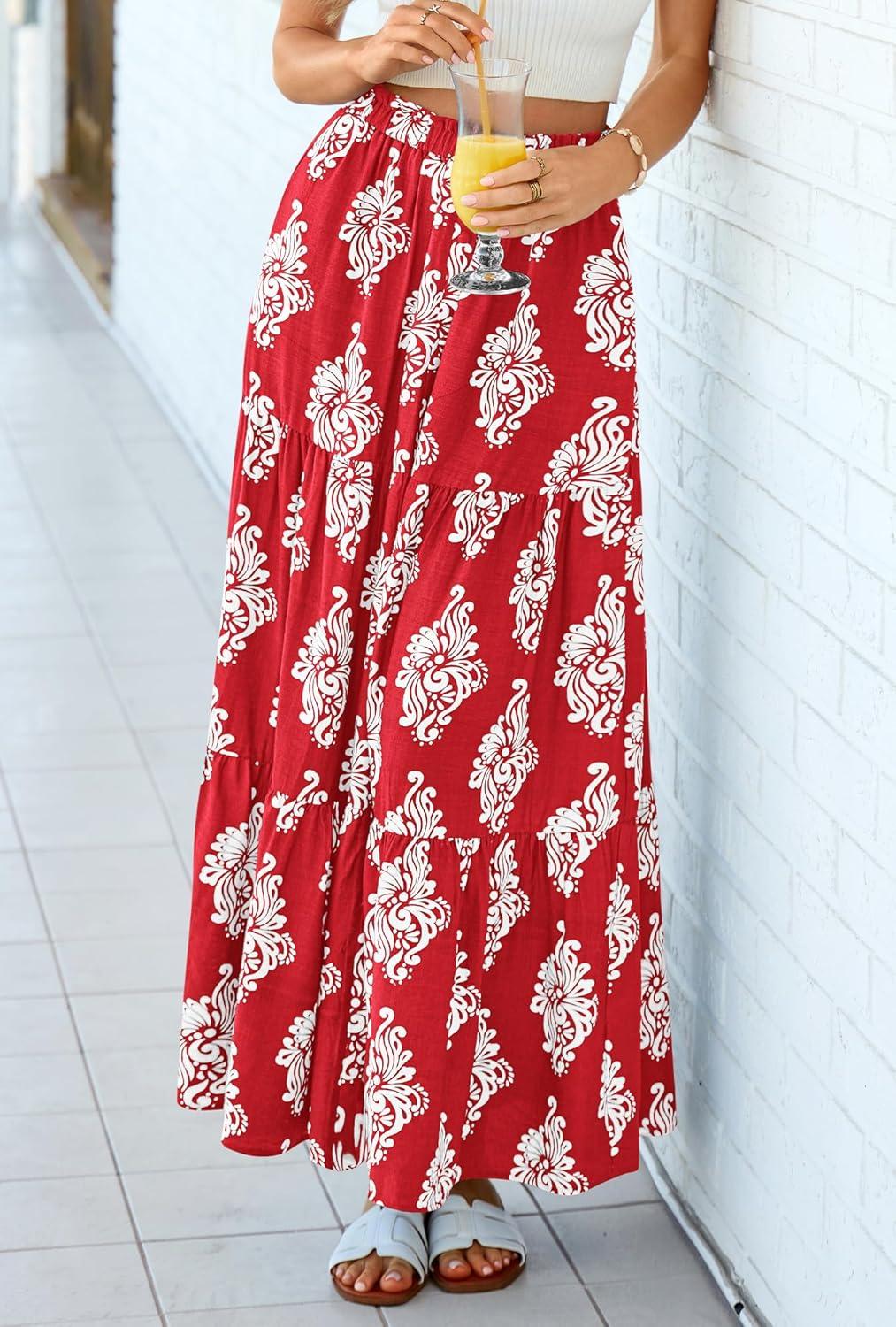 imageBTFBM Long Skirts for Women Summer 2026 Elastic High Waist Flowy A Line Casual Boho Tiered Floral Maxi Skirt PocketsFloral Red White Flower