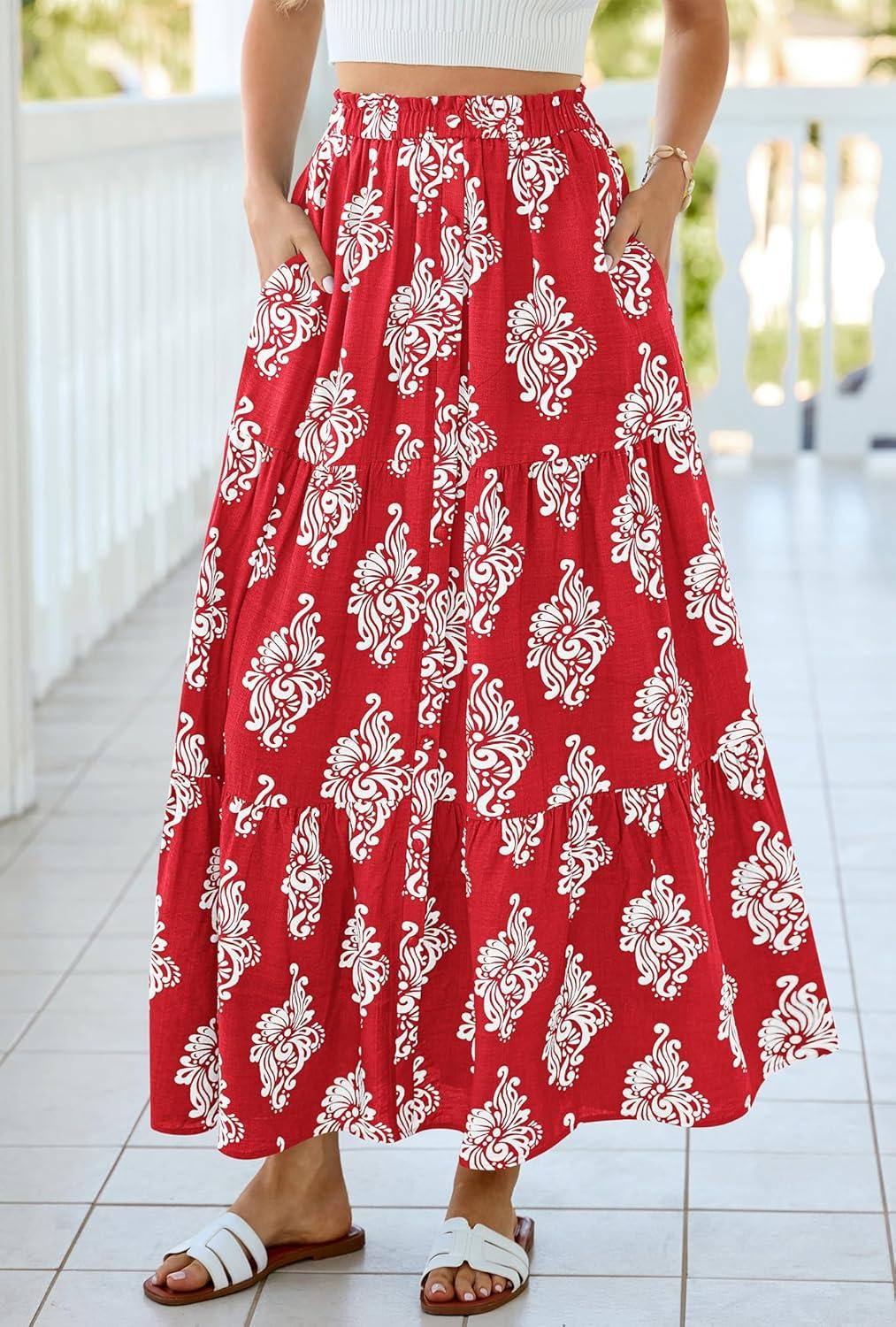 imageBTFBM Long Skirts for Women Summer 2026 Elastic High Waist Flowy A Line Casual Boho Tiered Floral Maxi Skirt PocketsFloral Red White Flower