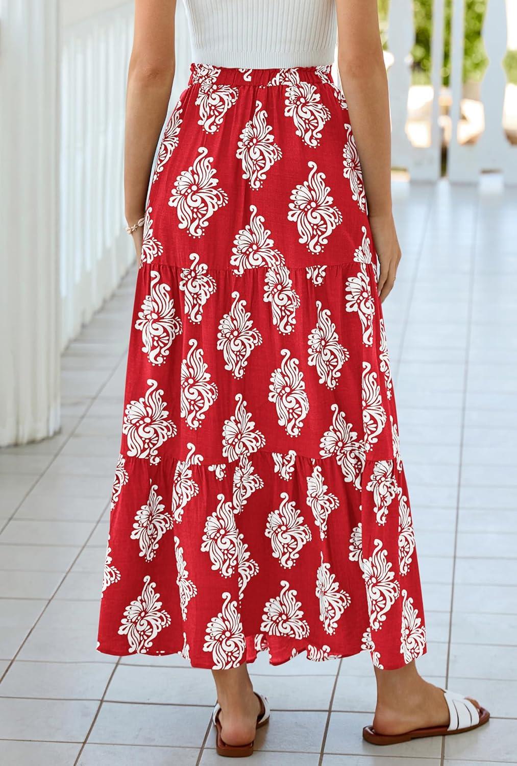 imageBTFBM Long Skirts for Women Summer 2026 Elastic High Waist Flowy A Line Casual Boho Tiered Floral Maxi Skirt PocketsFloral Red White Flower