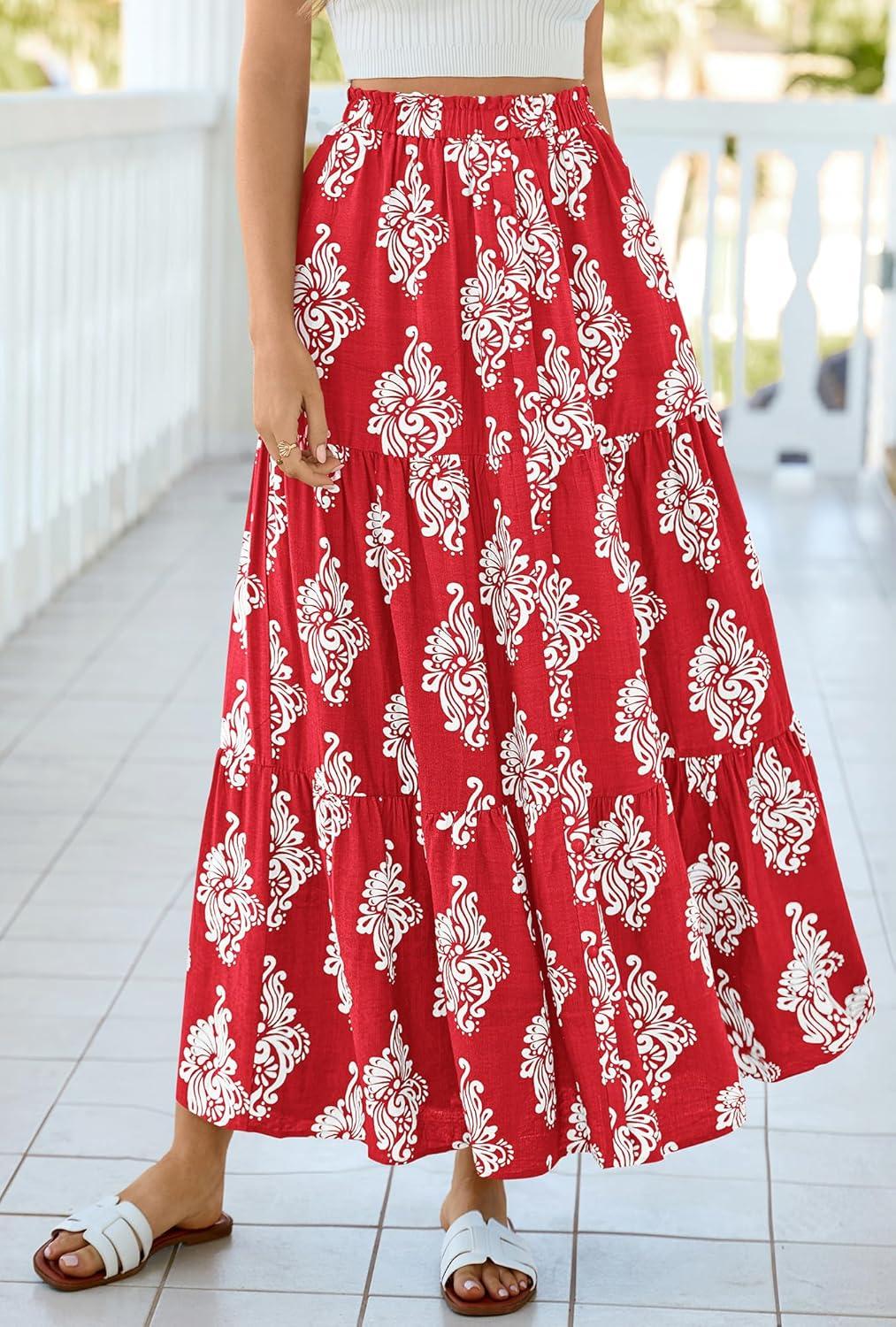 imageBTFBM Long Skirts for Women Summer 2026 Elastic High Waist Flowy A Line Casual Boho Tiered Floral Maxi Skirt PocketsFloral Red White Flower