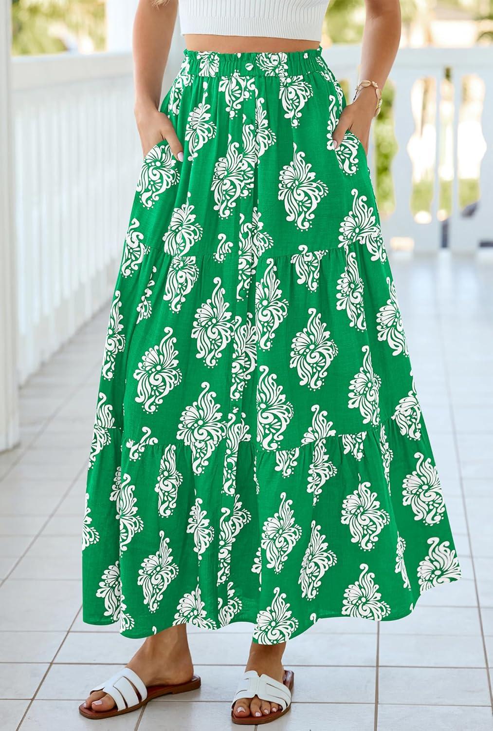 imageBTFBM Long Skirts for Women Summer 2026 Elastic High Waist Flowy A Line Casual Boho Tiered Floral Maxi Skirt PocketsGreen White Flower