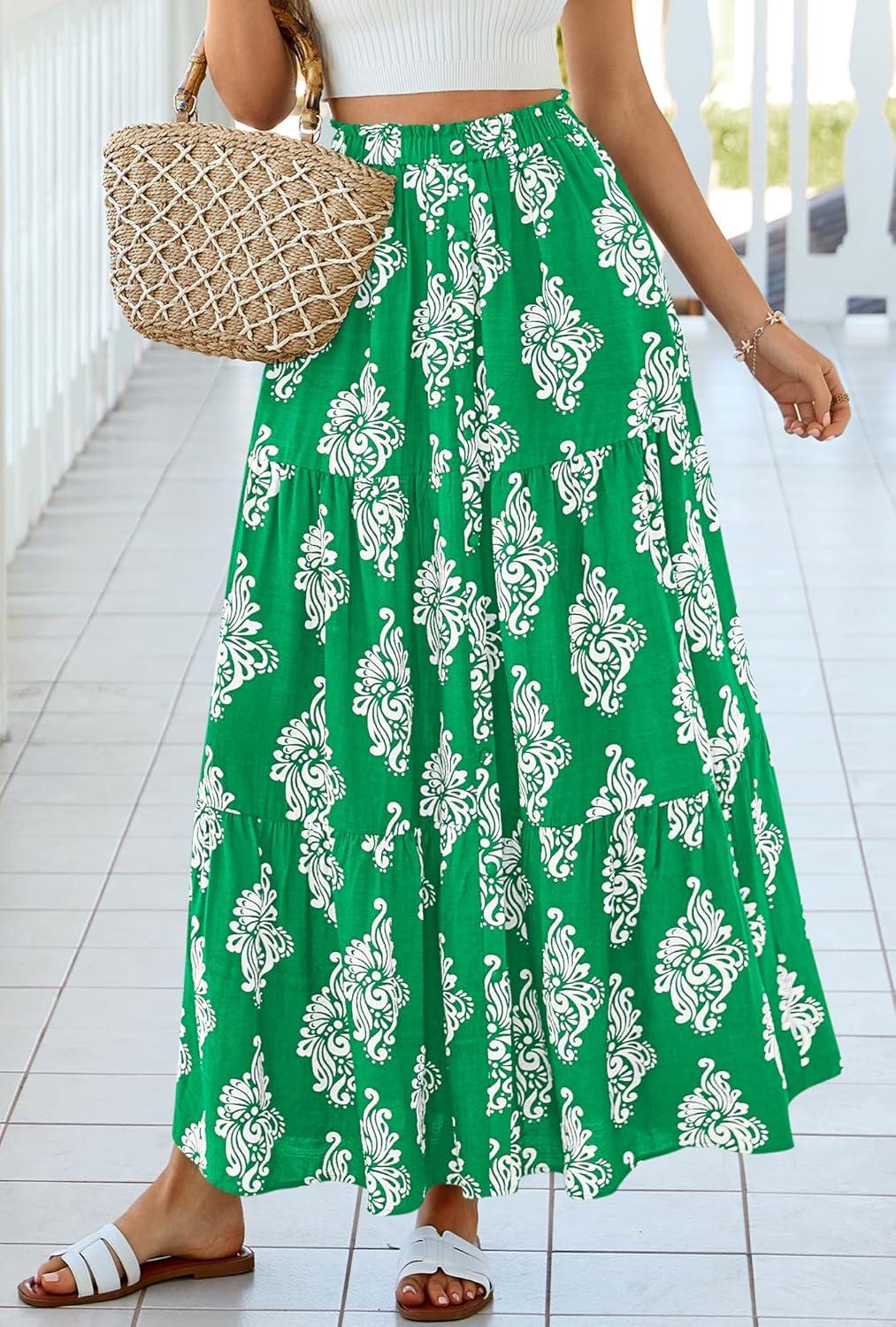 imageBTFBM Long Skirts for Women Summer 2026 Elastic High Waist Flowy A Line Casual Boho Tiered Floral Maxi Skirt PocketsGreen White Flower