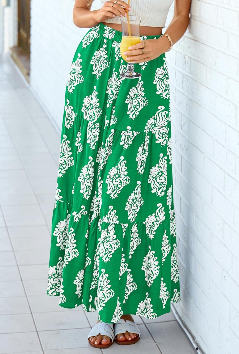 imageBTFBM Long Skirts for Women Summer 2026 Elastic High Waist Flowy A Line Casual Boho Tiered Floral Maxi Skirt PocketsGreen White Flower