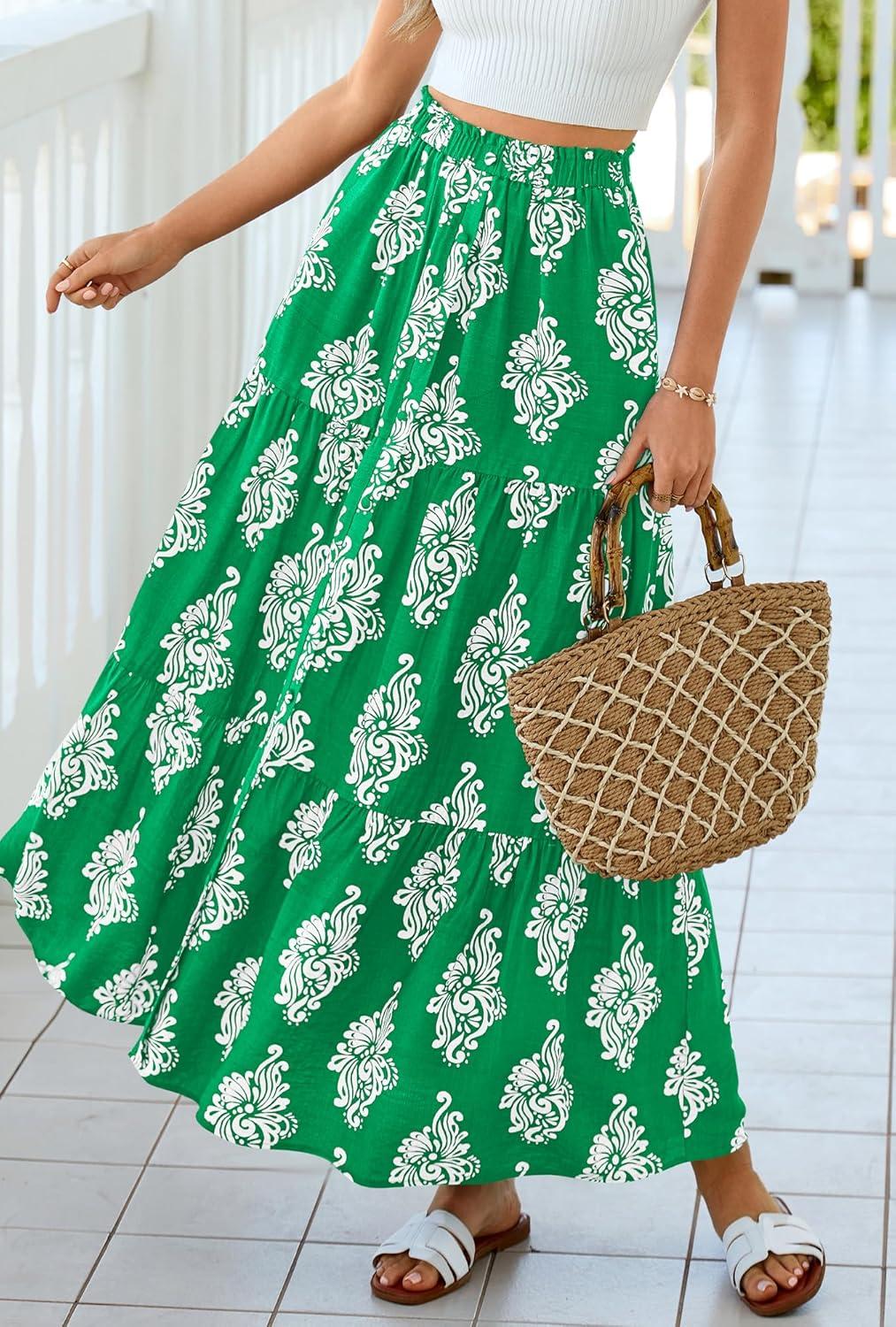 imageBTFBM Long Skirts for Women Summer 2026 Elastic High Waist Flowy A Line Casual Boho Tiered Floral Maxi Skirt PocketsGreen White Flower