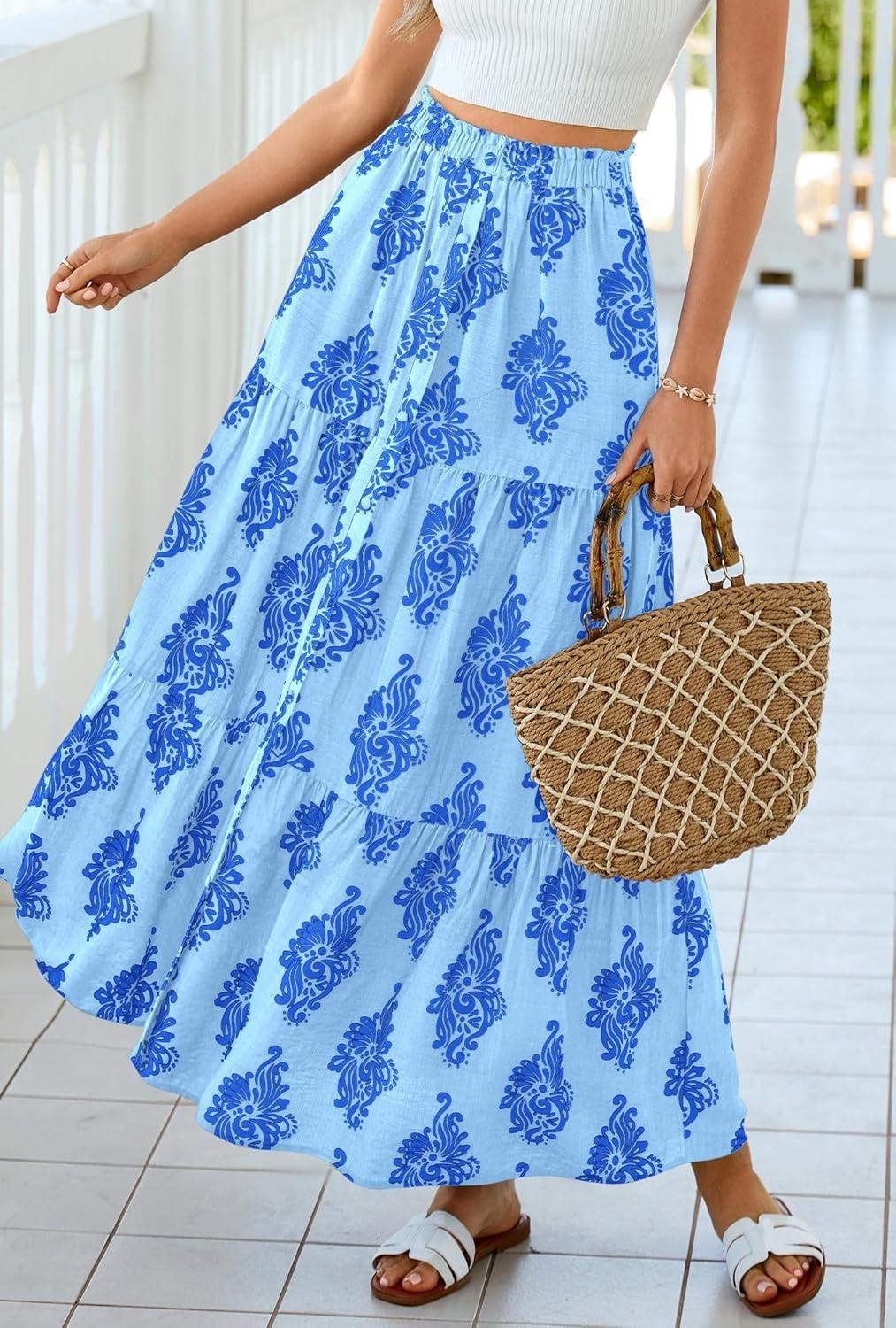 imageBTFBM Long Skirts for Women Summer 2026 Elastic High Waist Flowy A Line Casual Boho Tiered Floral Maxi Skirt PocketsLight Blue Blue Flower