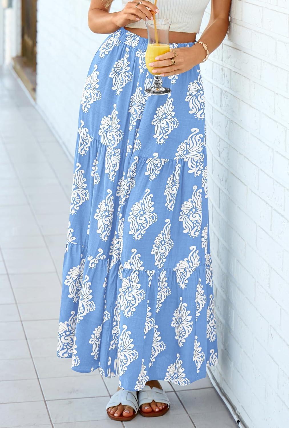 imageBTFBM Long Skirts for Women Summer 2026 Elastic High Waist Flowy A Line Casual Boho Tiered Floral Maxi Skirt PocketsLight Blue White Flower