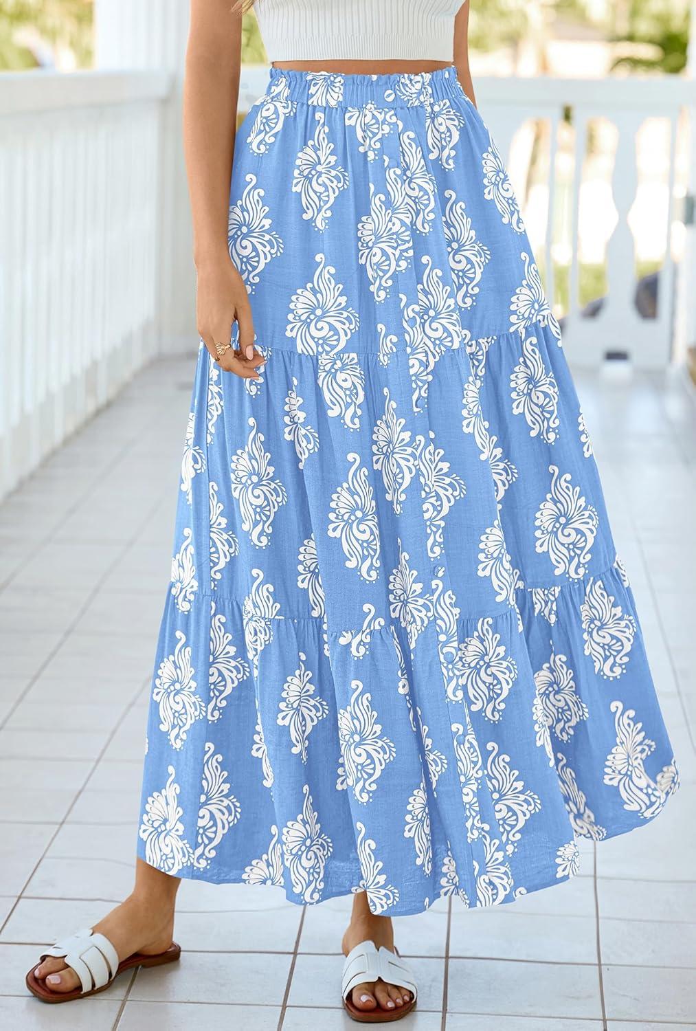 imageBTFBM Long Skirts for Women Summer 2026 Elastic High Waist Flowy A Line Casual Boho Tiered Floral Maxi Skirt PocketsLight Blue White Flower