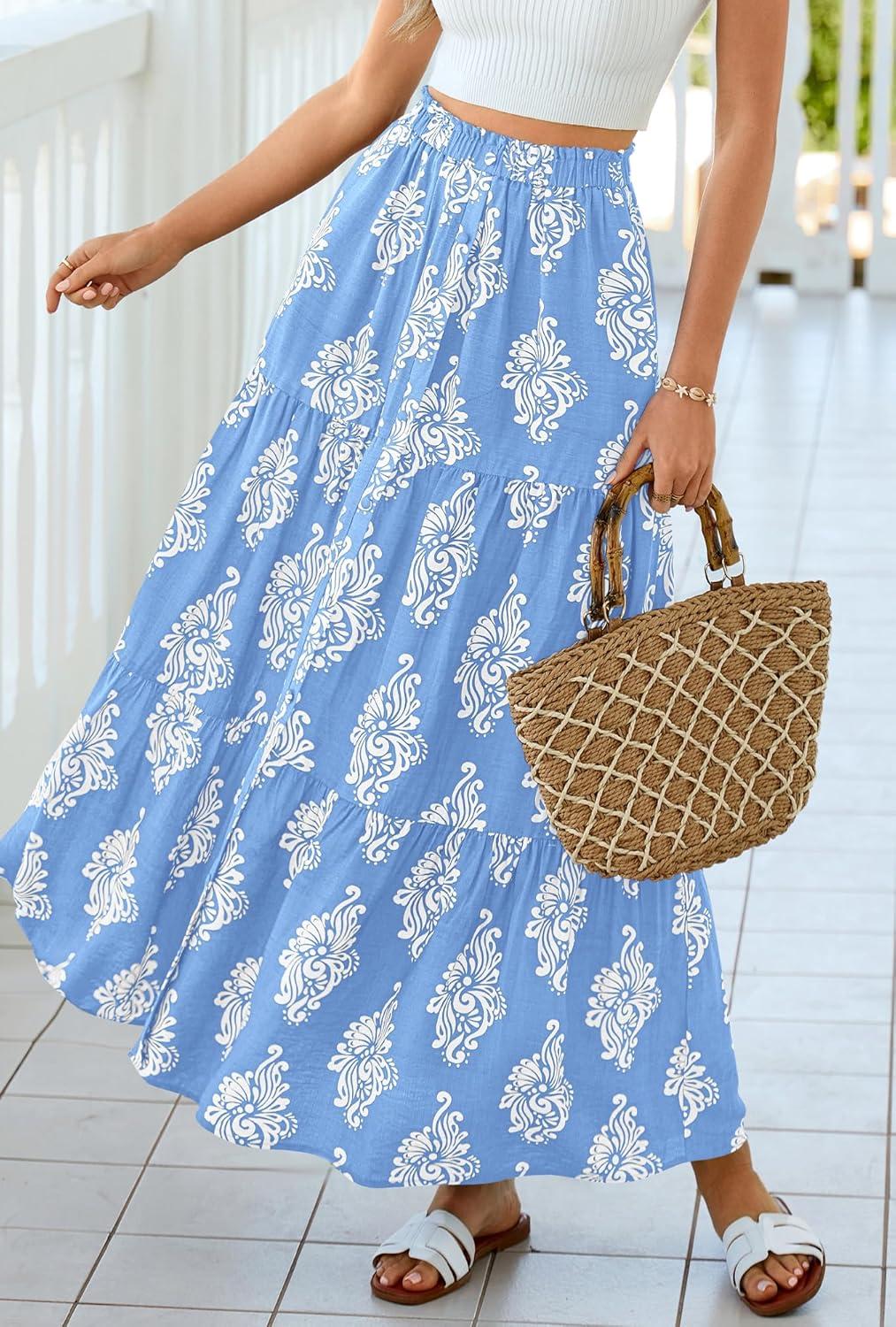 imageBTFBM Long Skirts for Women Summer 2026 Elastic High Waist Flowy A Line Casual Boho Tiered Floral Maxi Skirt PocketsLight Blue White Flower