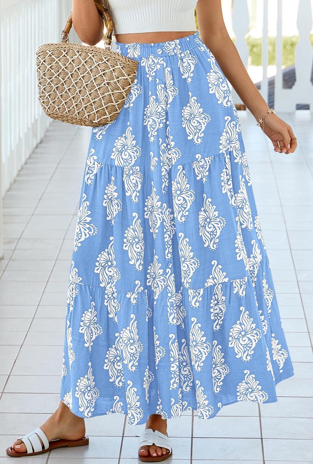 imageBTFBM Long Skirts for Women Summer 2026 Elastic High Waist Flowy A Line Casual Boho Tiered Floral Maxi Skirt PocketsLight Blue White Flower