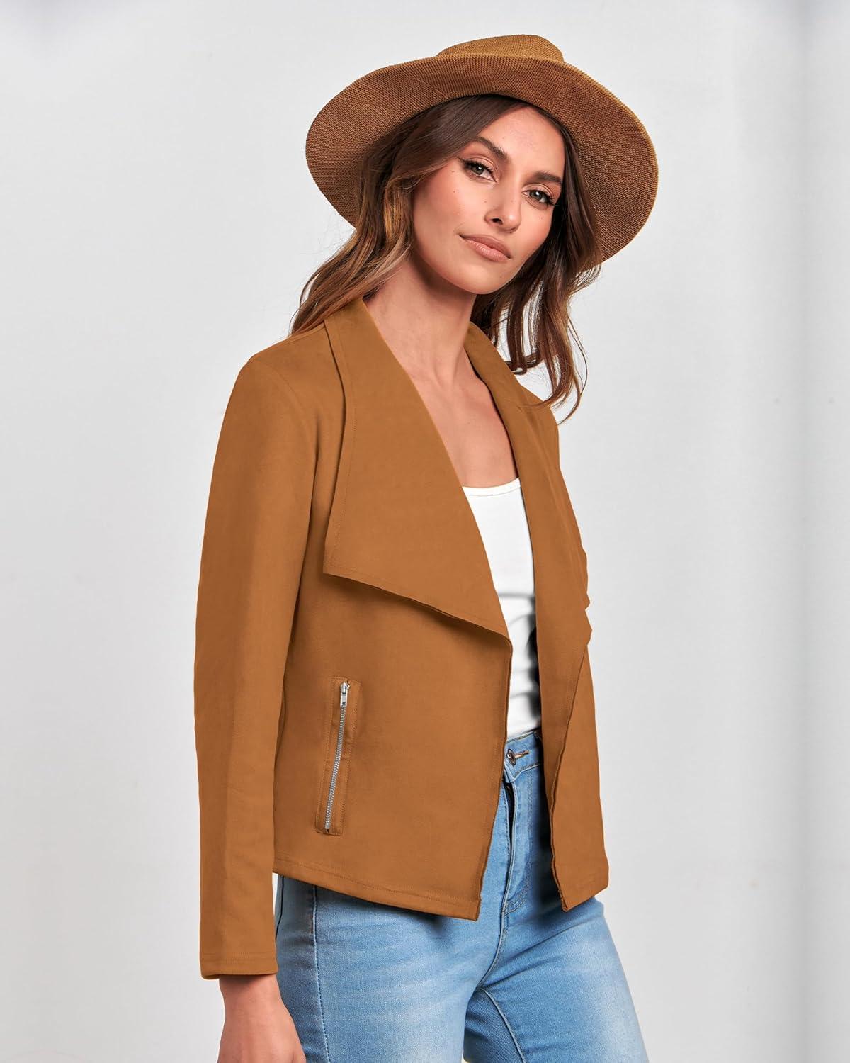 imageBTFBM Womens Faux Suede Jackets Dressy Spring Summer Clothes 2025 Lapel Long Sleeve Open Front Cropped Outerwear CoatsSolid Brown