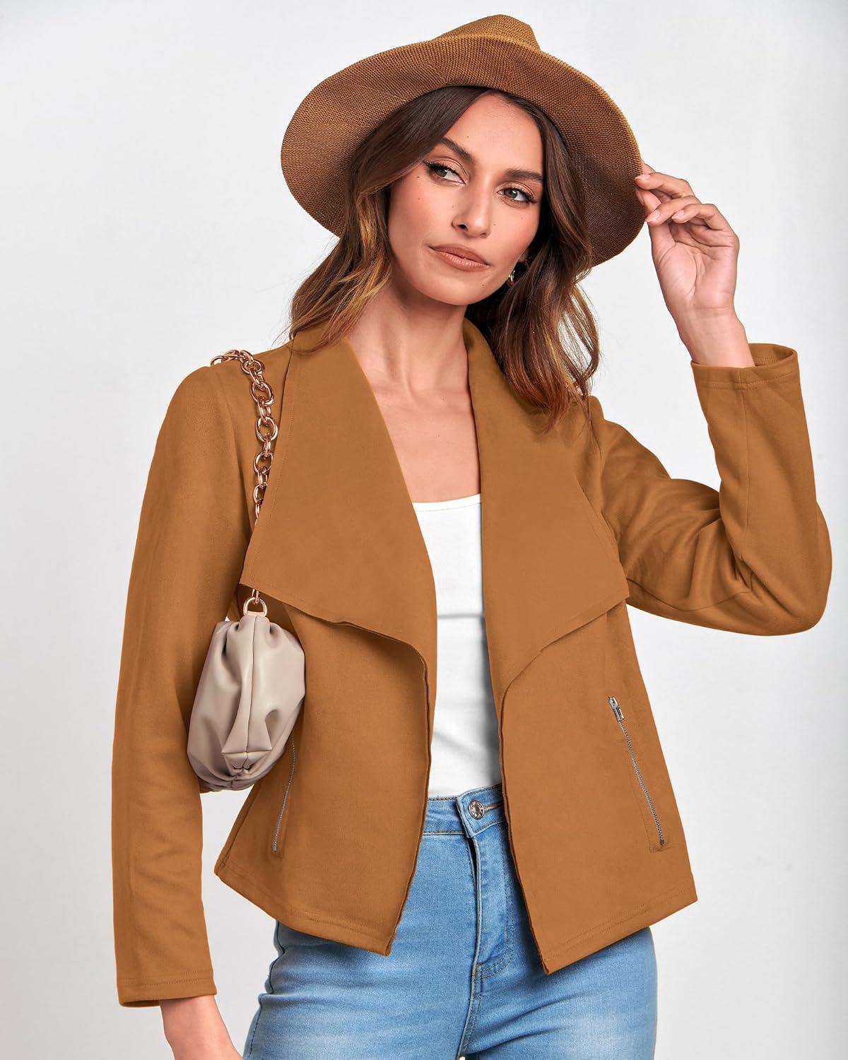 imageBTFBM Womens Faux Suede Jackets Dressy Spring Summer Clothes 2025 Lapel Long Sleeve Open Front Cropped Outerwear CoatsSolid Brown