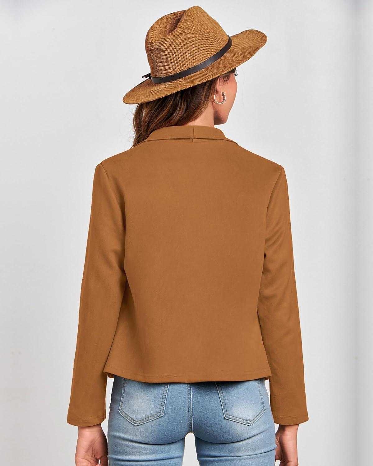 imageBTFBM Womens Faux Suede Jackets Dressy Spring Summer Clothes 2025 Lapel Long Sleeve Open Front Cropped Outerwear CoatsSolid Brown