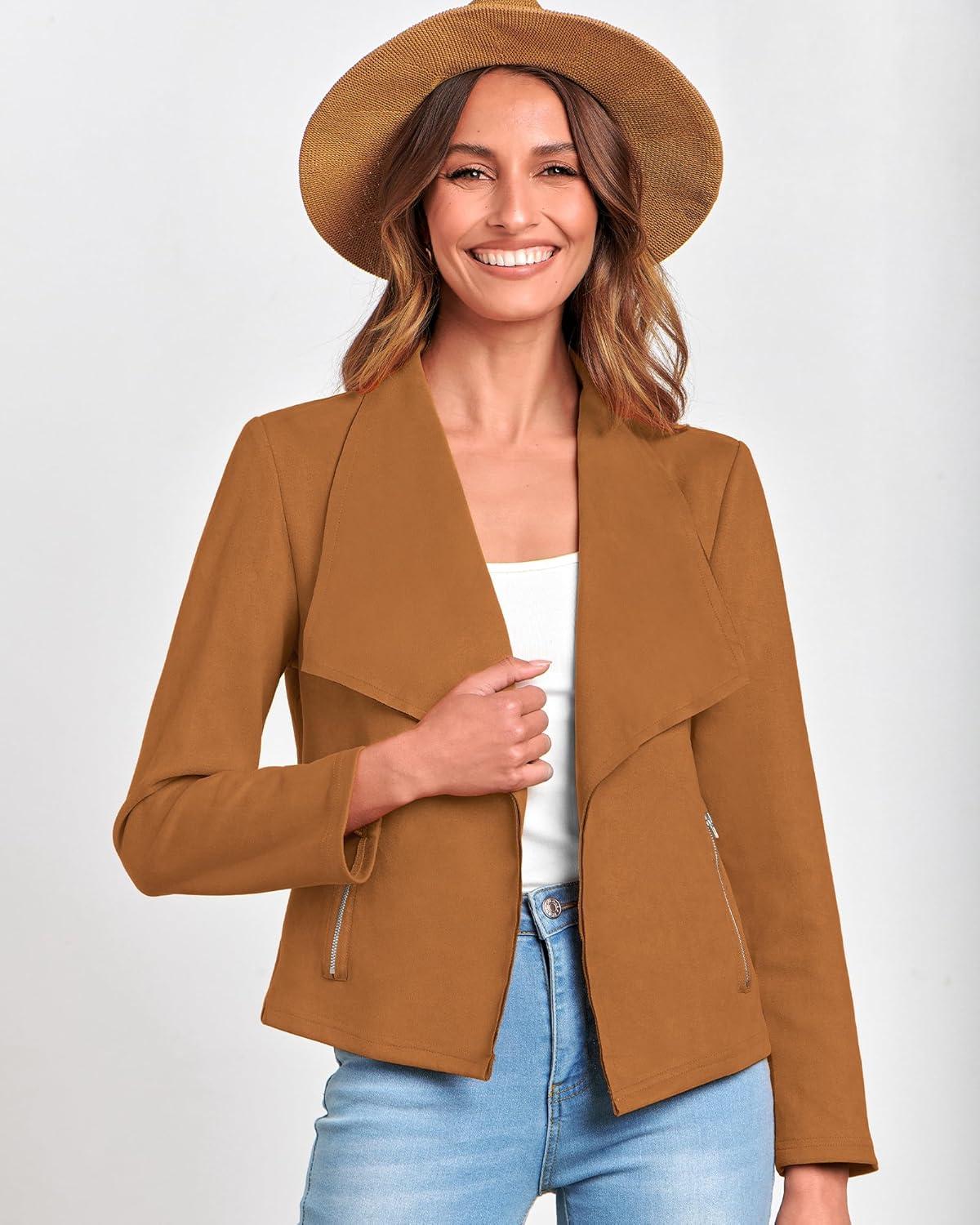 imageBTFBM Womens Faux Suede Jackets Dressy Spring Summer Clothes 2025 Lapel Long Sleeve Open Front Cropped Outerwear CoatsSolid Brown