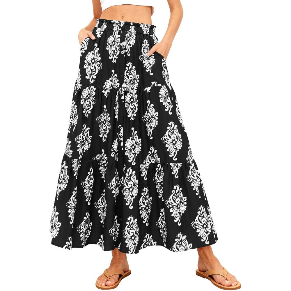 imageBTFBM Long Skirts for Women Summer 2026 Elastic High Waist Flowy A Line Casual Boho Tiered Floral Maxi Skirt PocketsBlack White Flower